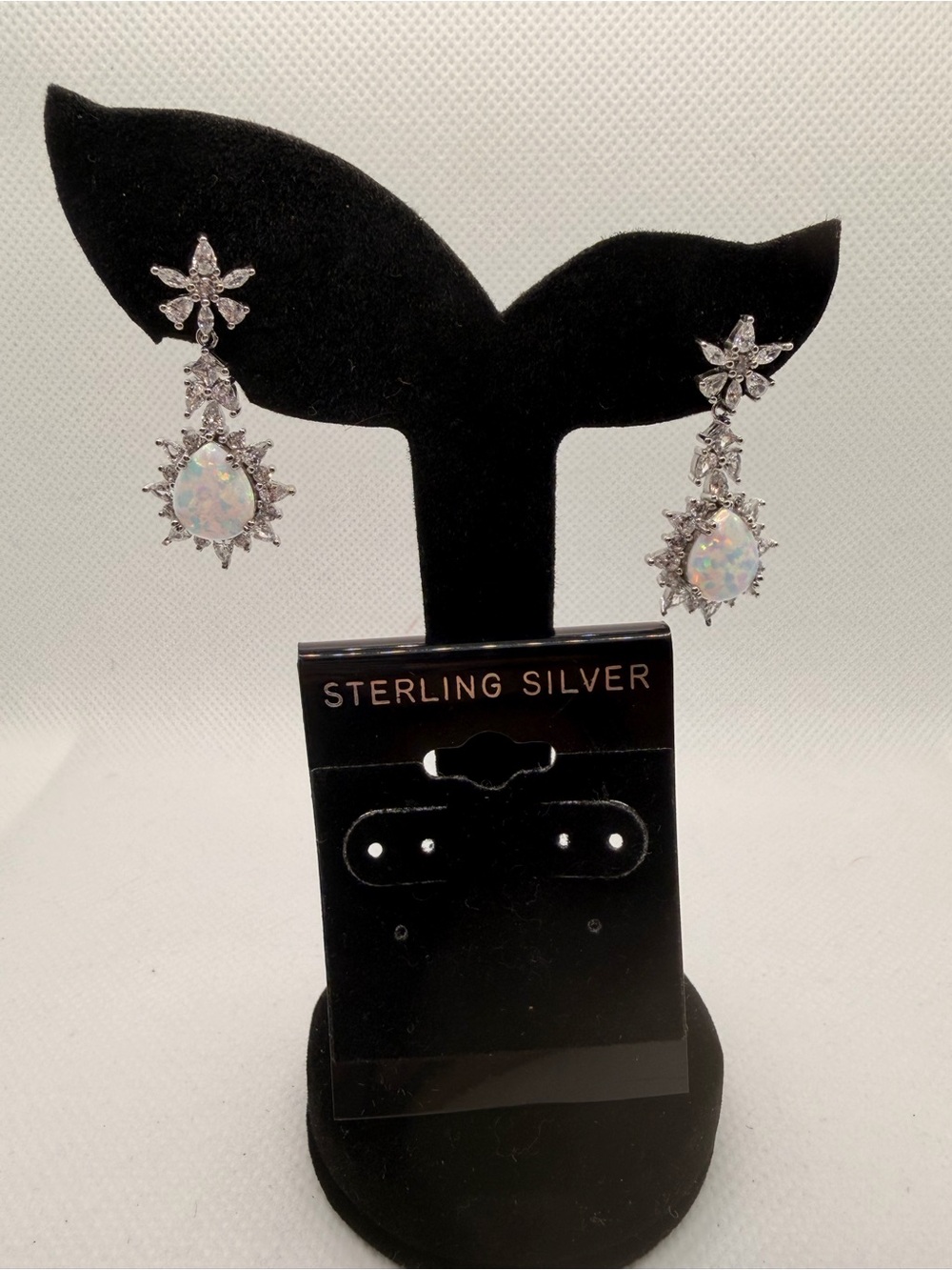 Sterling Silver 925 Pear Created Opal & CZ Floral Dangle Drop Earrings